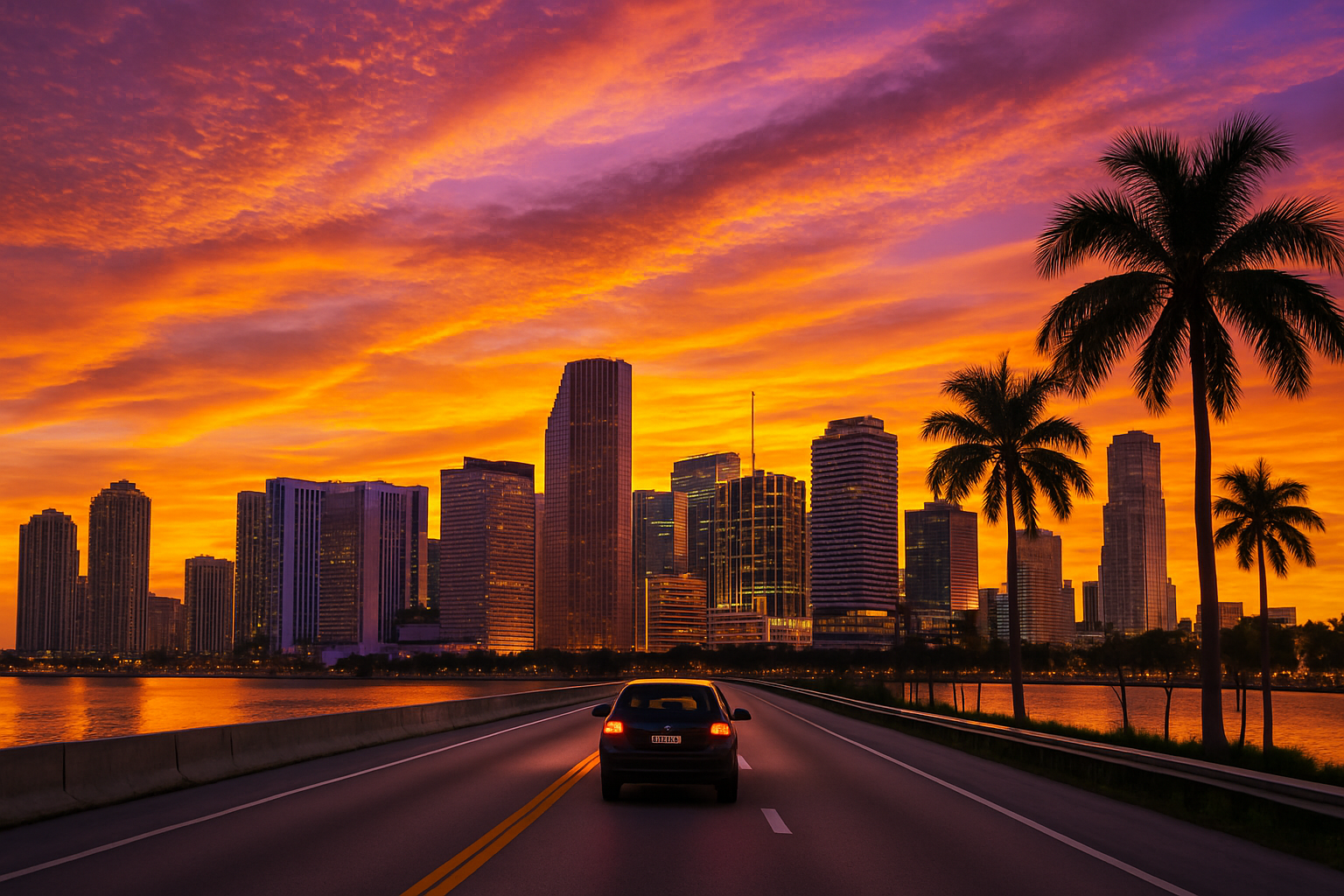make a sunset with the colors purple yellow and orange, and make a small car going into the big city of Miami with tall buildings